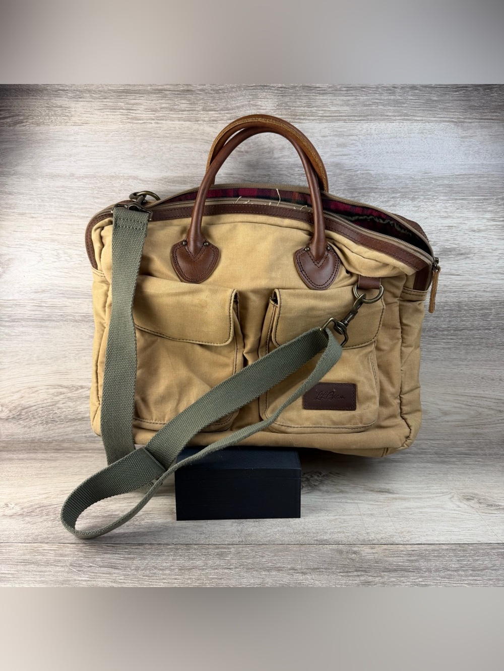 Vintage L.L.Bean Heritage Canvas Briefcase Messenger Plaid Lined Leather Handles